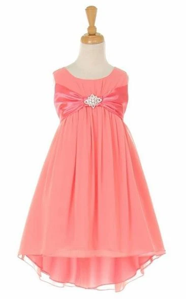 Midi Empire Bowed Broach Chiffon&Satin Flower Girl Dress