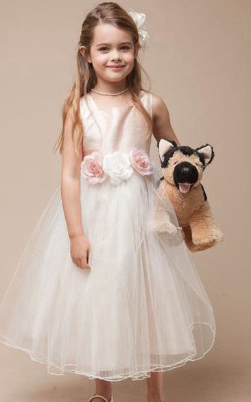 Flower Girl Jewel Neck Empire Tulle Ball Gown With Floral Sash