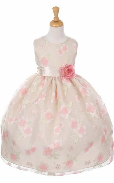 Tea-Length Tiered Organza&Satin Flower Girl Dress