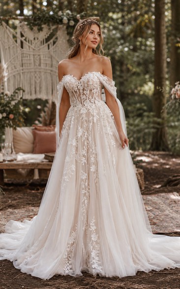 Off-the-Shoulder Boho Wedding Dress with Floral Lace Corset Bodice, Draped Sleeves & A-Line Train