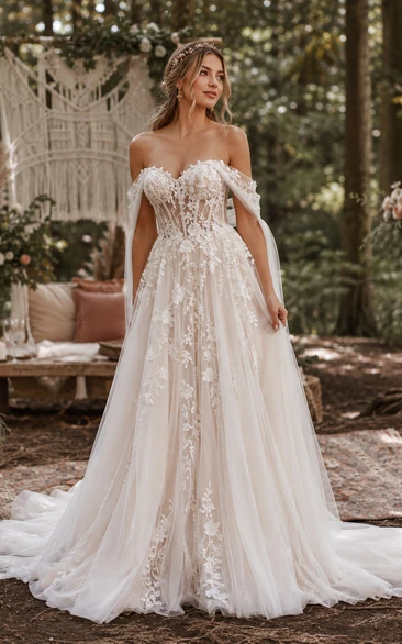 Off-the-Shoulder Boho Wedding Dress with Floral Lace Corset Bodice, Draped Sleeves & A-Line Train