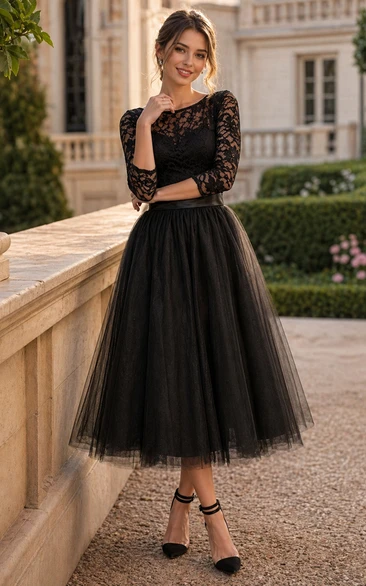 Sexy Black Lace 3-4 Sleeve Prom Dresses Tulle Tea-Length