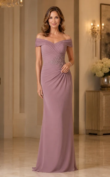 Mauve Off-the-Shoulder Sheath Mother Dress with Ruched Bodice and Draped Waist