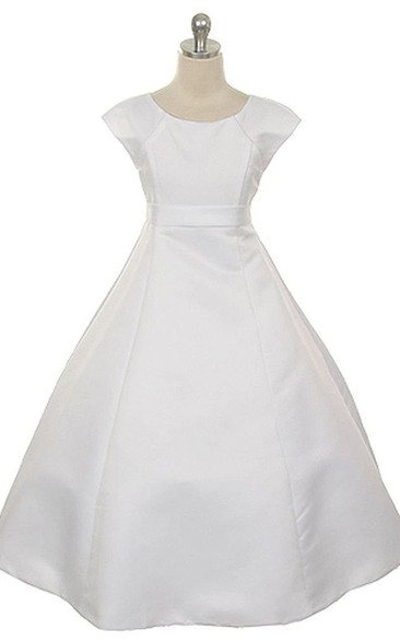 Cap-sleeved A-line Taffeta Dress With Flower and Bow