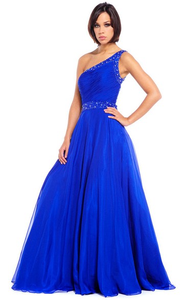 One-Shoulder Maxi Ruched Chiffon Prom Dress With Beading And Straps