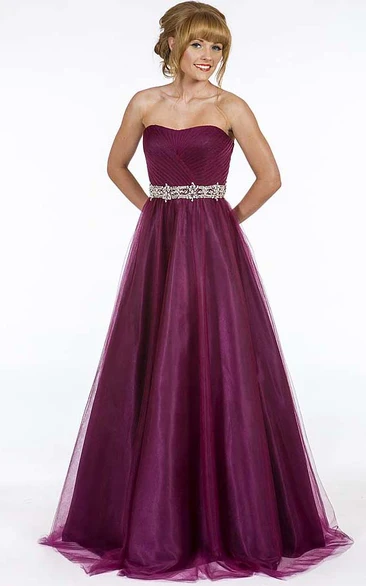 A-Line Strapless Sleeveless Maxi Ruched Tulle Prom Dress With Lace-Up Back And Waist Jewellery