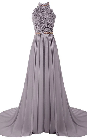 A-Line Halter Beading Lace Court Train Prom Dress