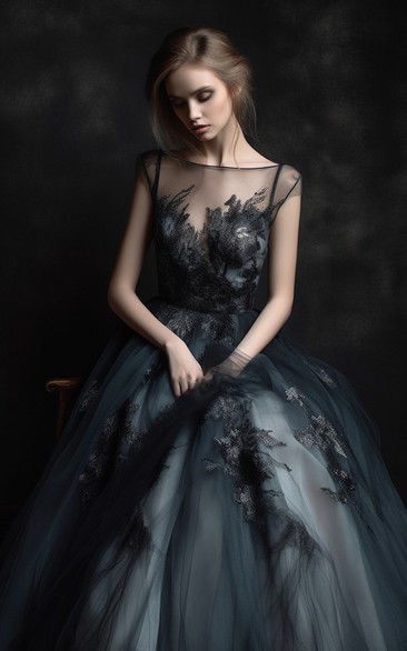 Ethereal Illusion Cap Applique Ball Gown Illusion Evening Princess Wedding Dress