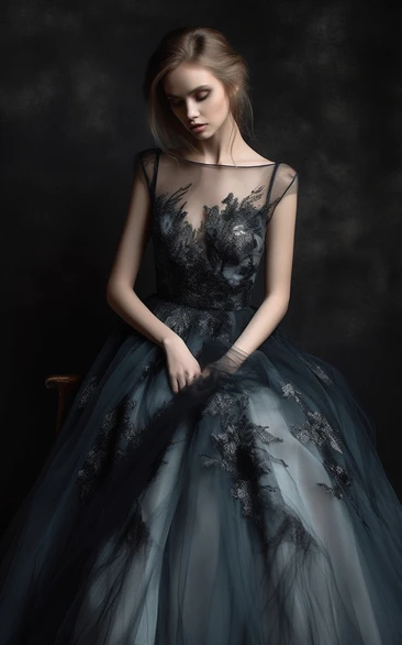 Ethereal Illusion Cap Applique Ball Gown Illusion Evening Princess Wedding Dress