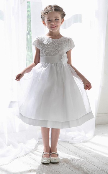 Tea-Length Floral Tiered Lace&Organza Flower Girl Dress With Sash