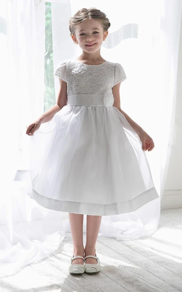 Tea-Length Floral Tiered Lace&Organza Flower Girl Dress With Sash
