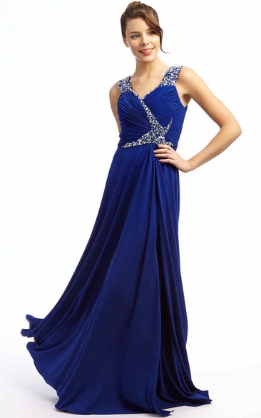 A-Line Long Beaded Sleeveless V-Neck Chiffon Prom Dress With Ruching