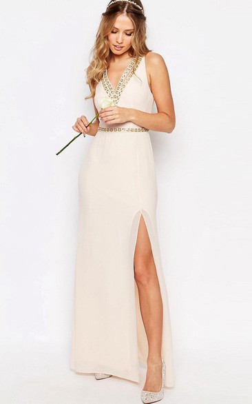 Sleeveless Split-Front V-Neck Chiffon Bridesmaid Dress