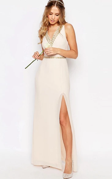 Sleeveless Split-Front V-Neck Chiffon Bridesmaid Dress