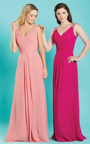 Sheath Sleeveless V-Neck Epaulet Long Chiffon Bridesmaid Dress