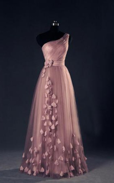 One Shoulder a Line EveningDresses Flower Appliques Lace-up Elegant Prom Gowns