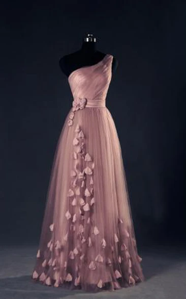 One Shoulder a Line EveningDresses Flower Appliques Lace-up Elegant Prom Gowns