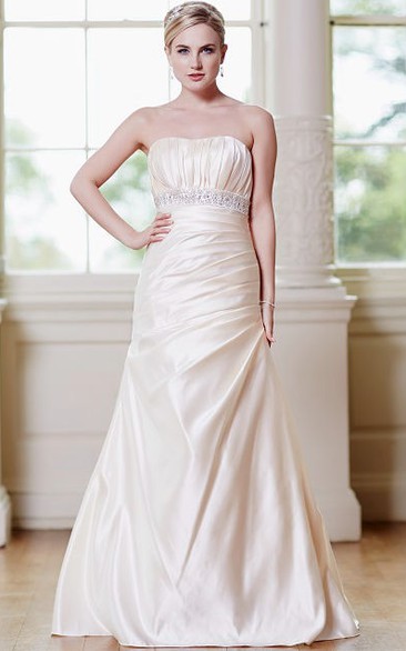 Strapless Maxi Jeweled Satin Wedding Dress With Draping And Corset Back