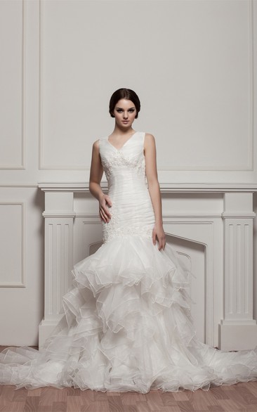 V-Neck Ruffled Mermaid Tiers and Dress With Appliques