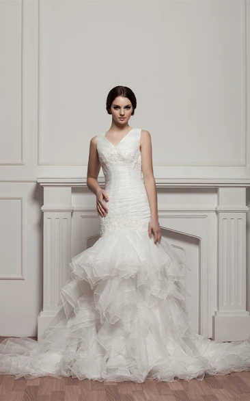 V-Neck Ruffled Mermaid Tiers and Dress With Appliques