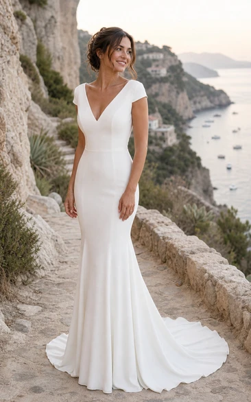 Simple Cap V-neck Sheath Mermaid Solid Wedding Dress with Lace Low-v Back