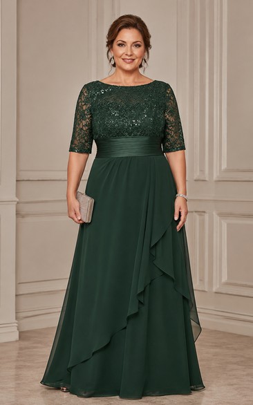 Plus Size A-Line Bateau Half Sleeve Chiffon Mother Dress with Lace