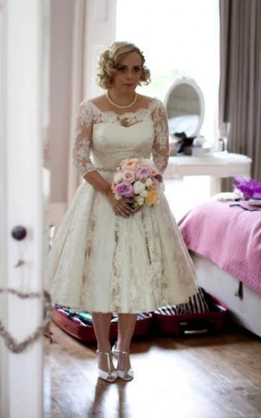 Plus Size Lace Scoop Illusion Half Long Sleeve Tea Length Wedding Dress
