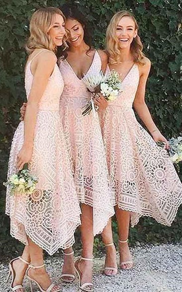 Spaghetti Lace Blush Pink A-line Tea-length Bridesmaid Dress