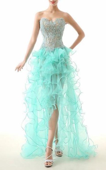 Sweetheart Ruffles Lace Beaded Asymmetrical Prom Dress