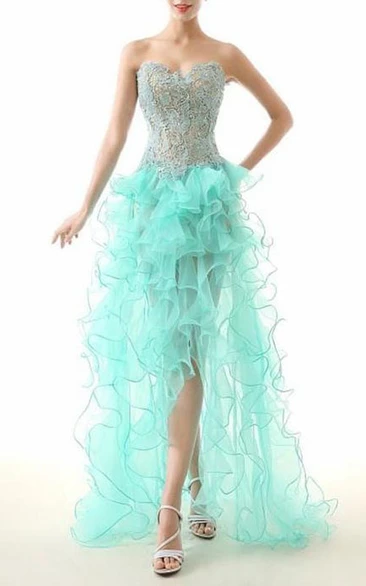 Sweetheart Ruffles Lace Beaded Asymmetrical Prom Dress