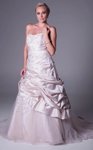 A-Line Sleeveless Pick-Up Floor-Length Strapless Satin&Tulle Wedding Dress With Appliques
