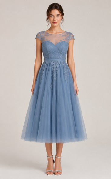 Steel Blue Lace Bodice Tulle Tea Dress