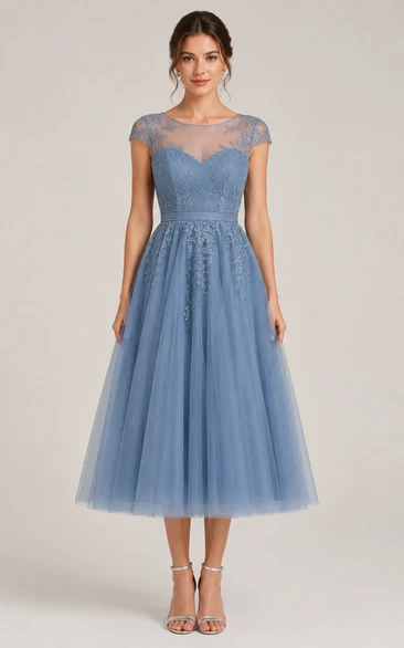 Steel Blue Lace Bodice Tulle Tea Dress