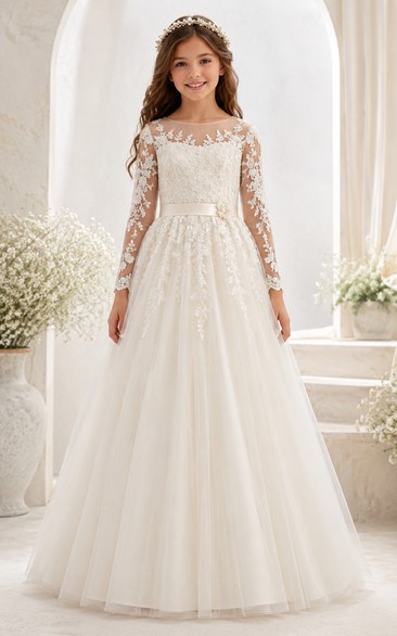 Long Sleeve Lace Illusion White Tulle First Communion Dress