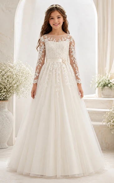 Long Sleeve Lace Illusion White Tulle First Communion Dress