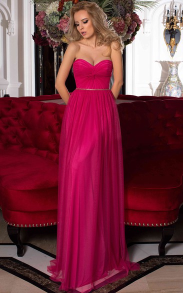A-Line Sleeveless Empire Sweetheart Floor-Length Criss-Cross Tulle Prom Dress With Lace-Up Back And Waist Jewellery