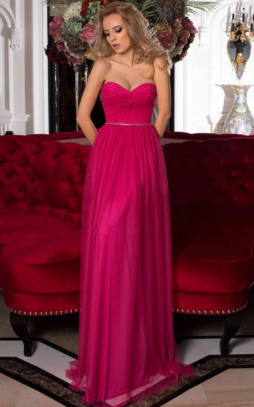 A-Line Sleeveless Empire Sweetheart Floor-Length Criss-Cross Tulle Prom Dress With Lace-Up Back And Waist Jewellery