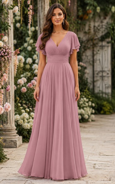 Dusty Rose V-neck Flutter Sleeve Chiffon Bridesmaid Dress