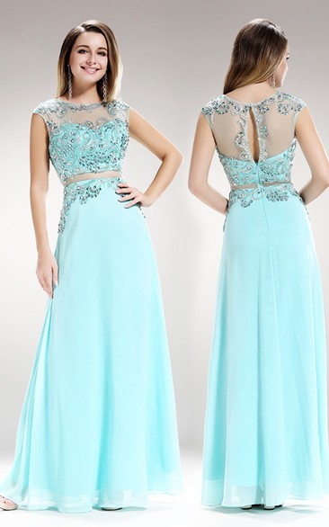A-Line Long Jewel-Neck Cap-Sleeve Chiffon Illusion Dress With Beading