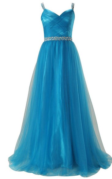 Sleeveless A-line Tulle Gown With Sequined Waistline