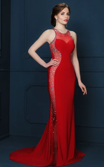 Sheath Sleeveless Beaded Long Scoop-Neck Jersey Evening Dress