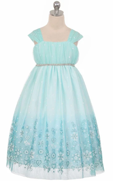 Tea-Length Floral Beaded Pleated Tulle&Satin Flower Girl Dress With Tiers