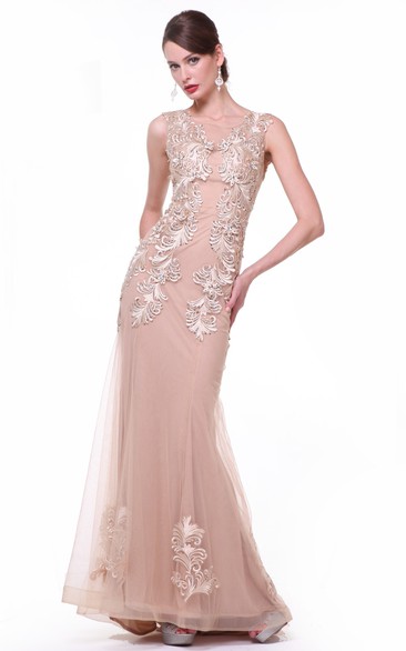 Sheath Bateau Sleeveless Tulle Illusion Dress With Embroidery And Pleats