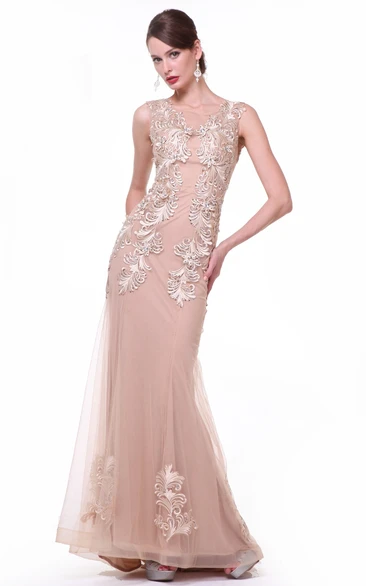 Sheath Bateau Sleeveless Tulle Illusion Dress With Embroidery And Pleats