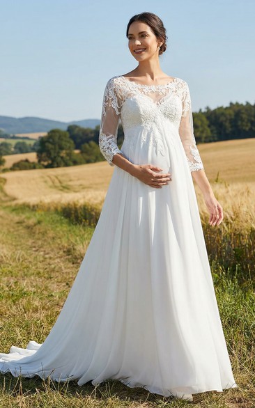 White Lace Long Sleeve Maternity Wedding Dress with Illusion Neckline