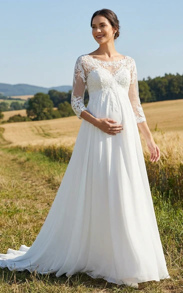 White Lace Long Sleeve Maternity Wedding Dress with Illusion Neckline
