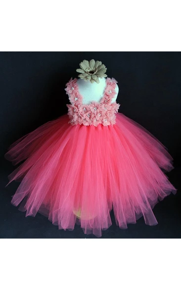 High Neck Floral Bodice Pleated Tulle Ball Gown With Sash