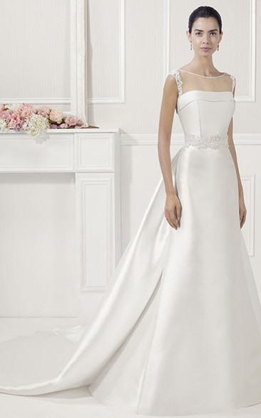 Jewel Neck Lace Sash Satin Bridal Gown With Back Keyholes And Bows