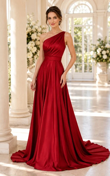Rotes, schulterfreies A-Linien-Abendkleid aus Satin mit bodenlanger Schleppe