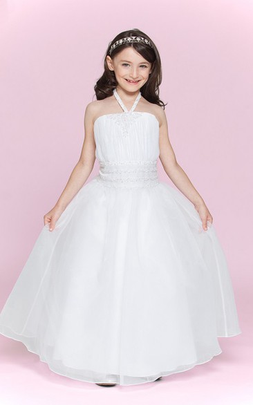 Flower Girl High Neck Organza Ball Gown With Beading Waist